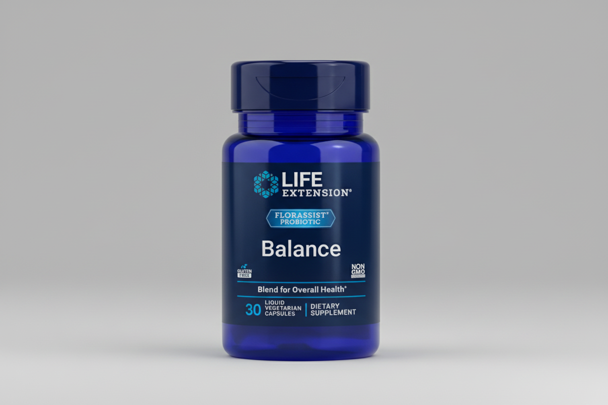 Life Extension Florassist Probiotic Balance supplement bottle on a white background