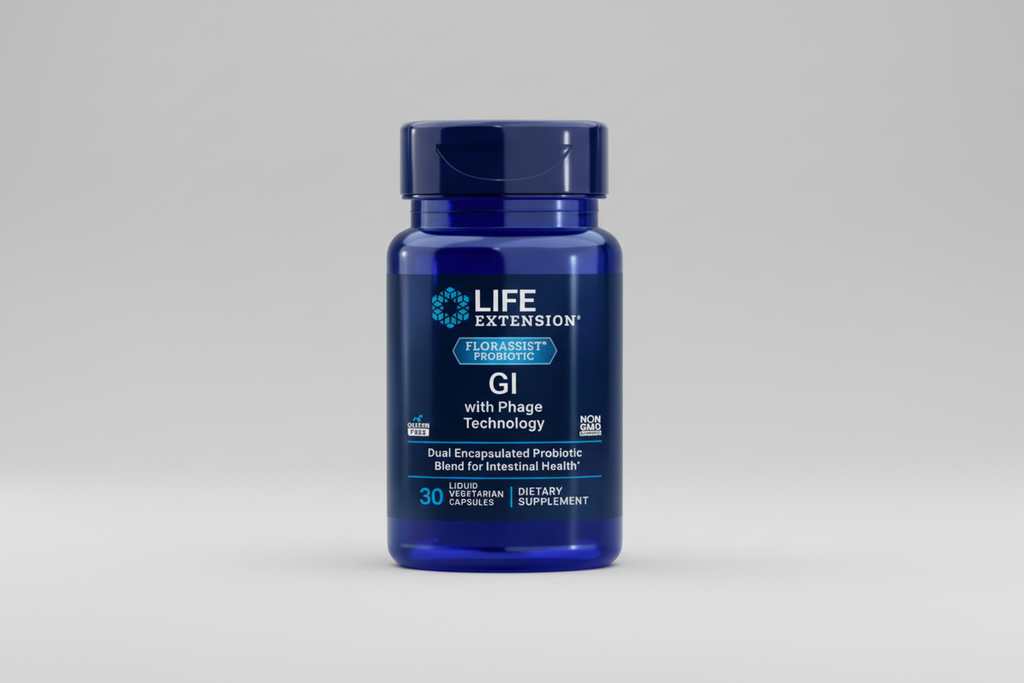 Blue supplement bottle labeled 'Life Extension' with 'Florassist Probiotic GI' on a blue background.