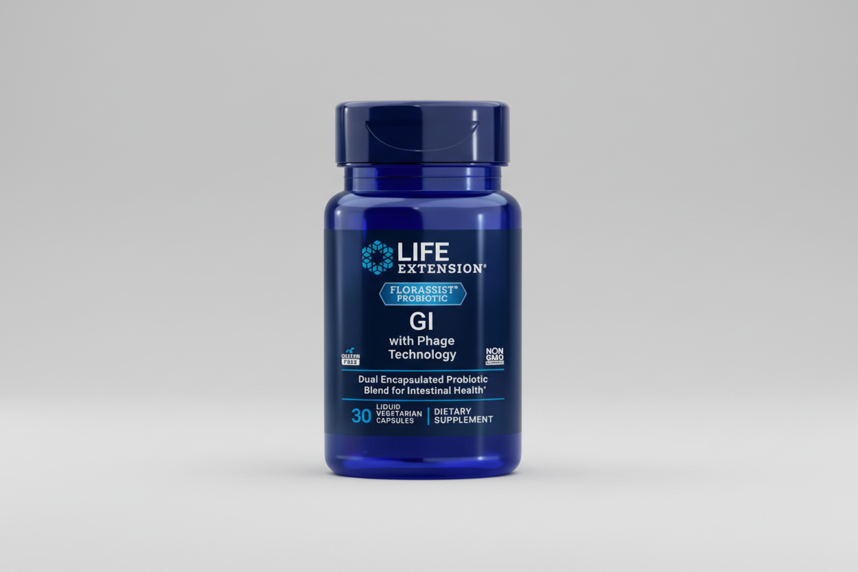 Blue supplement bottle labeled 'Life Extension' with 'Florassist Probiotic GI' on a blue background.