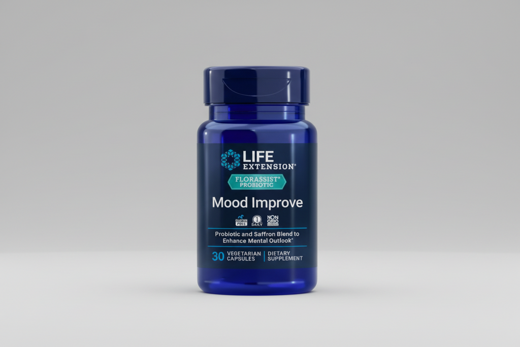 Life Extension Mood Improve supplement bottle on a white background