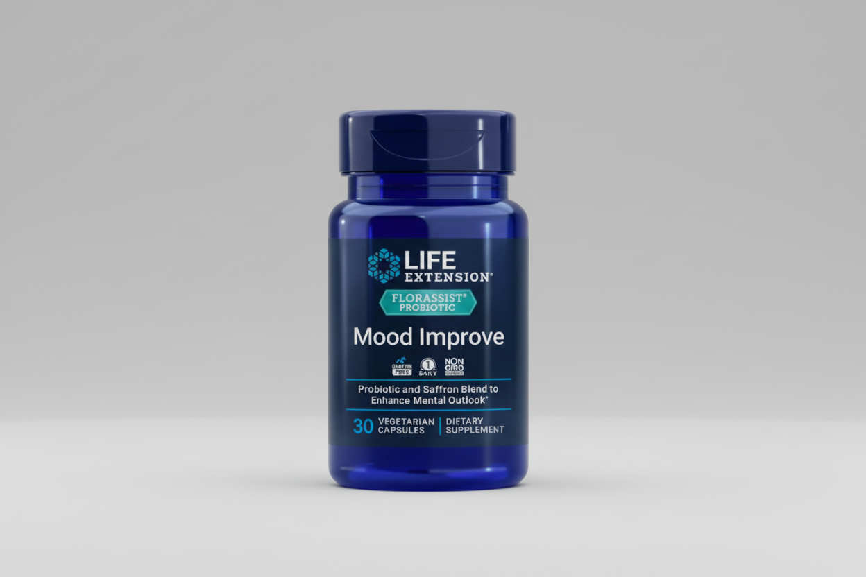 Life Extension Mood Improve supplement bottle on a white background