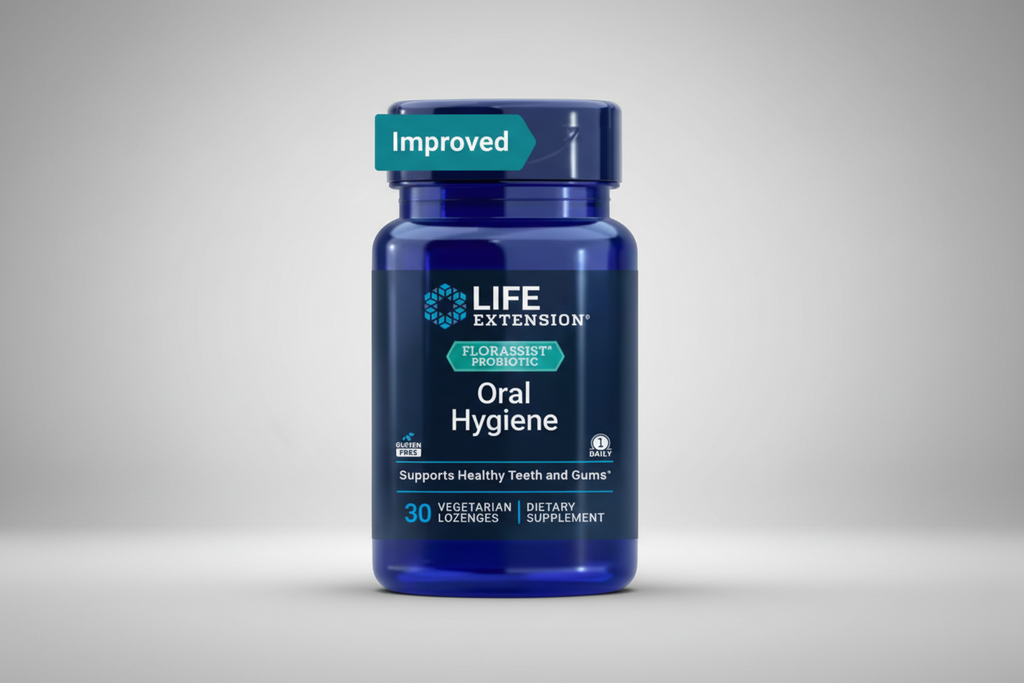 Life Extension Florassist Probiotic Oral Hygiene supplement bottle on a white background