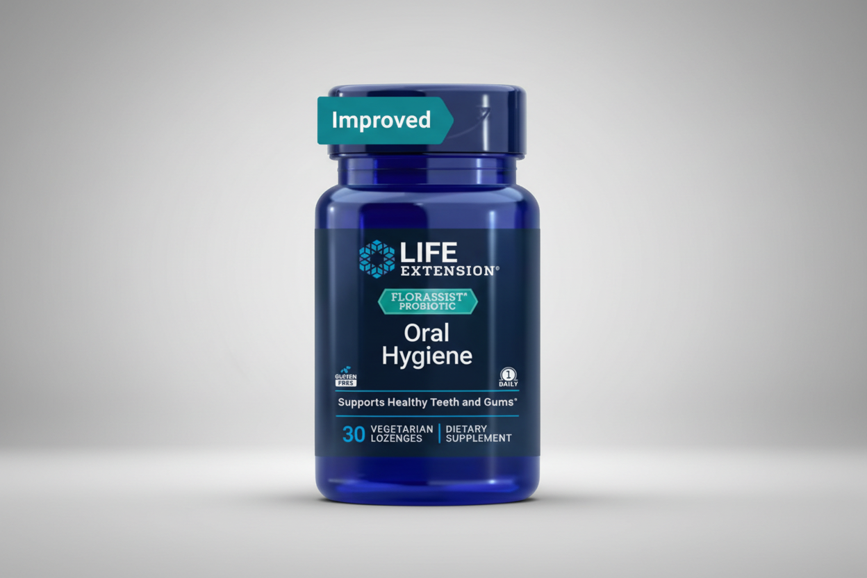 Life Extension Florassist Probiotic Oral Hygiene supplement bottle on a white background