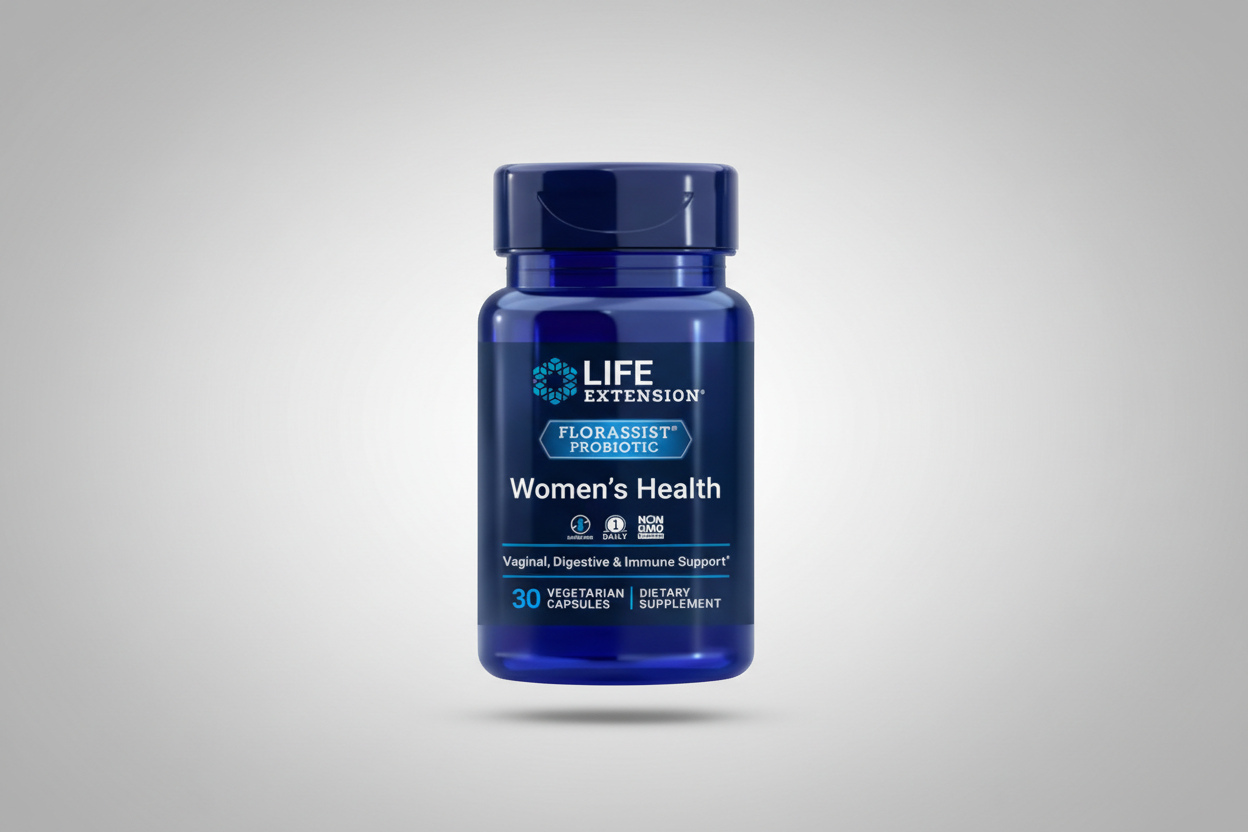 Blue supplement bottle labeled 'Life Extension Florassist Probiotic Women's Health' on a white background