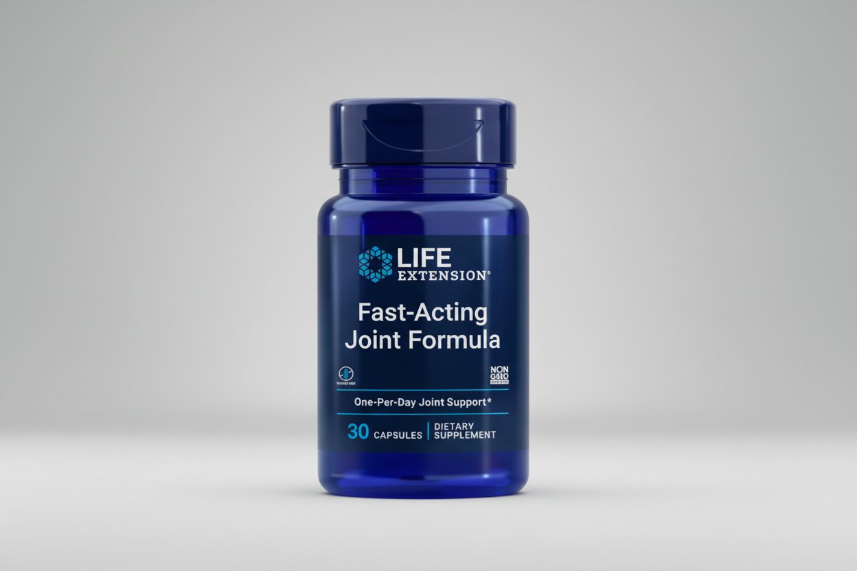 Life Extension Fast-Acting Joint Formula dietary supplement bottle on a white background