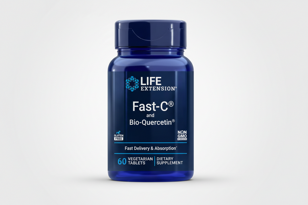 Life Extension Fast-C and Bio-Quercetin dietary supplement bottle on a white background