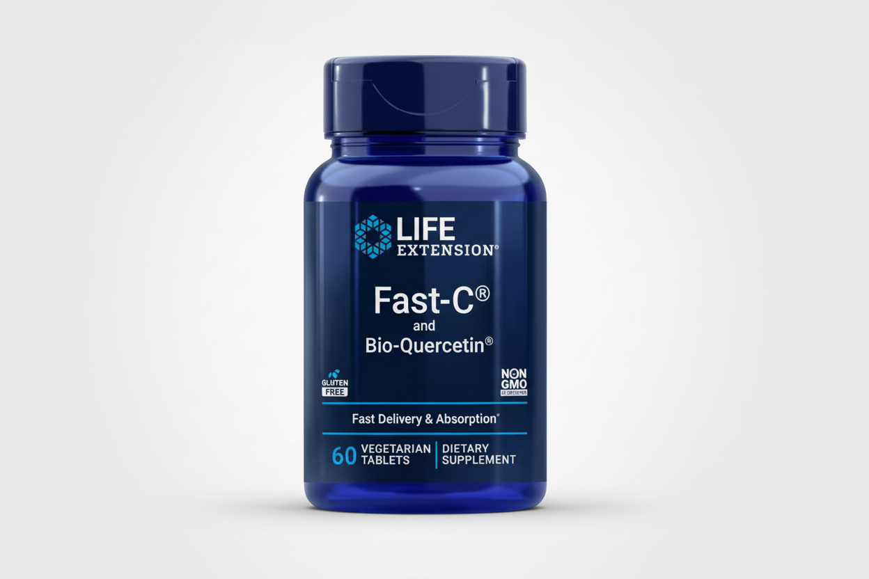 Life Extension Fast-C and Bio-Quercetin dietary supplement bottle on a white background
