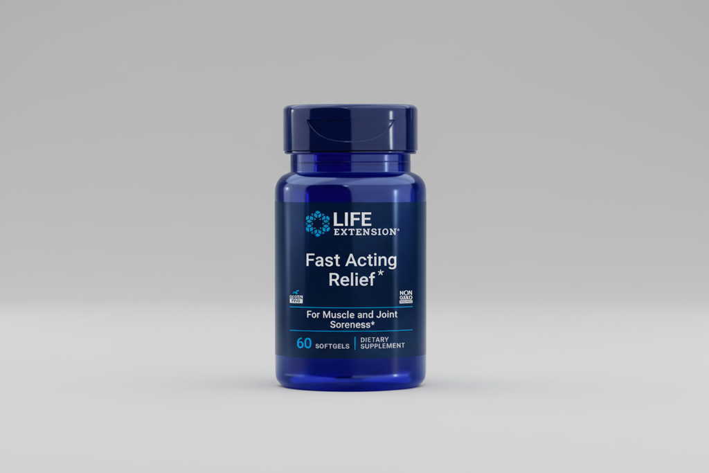 Blue supplement bottle labeled 'Life Extension Fast Acting Relief' on a black background