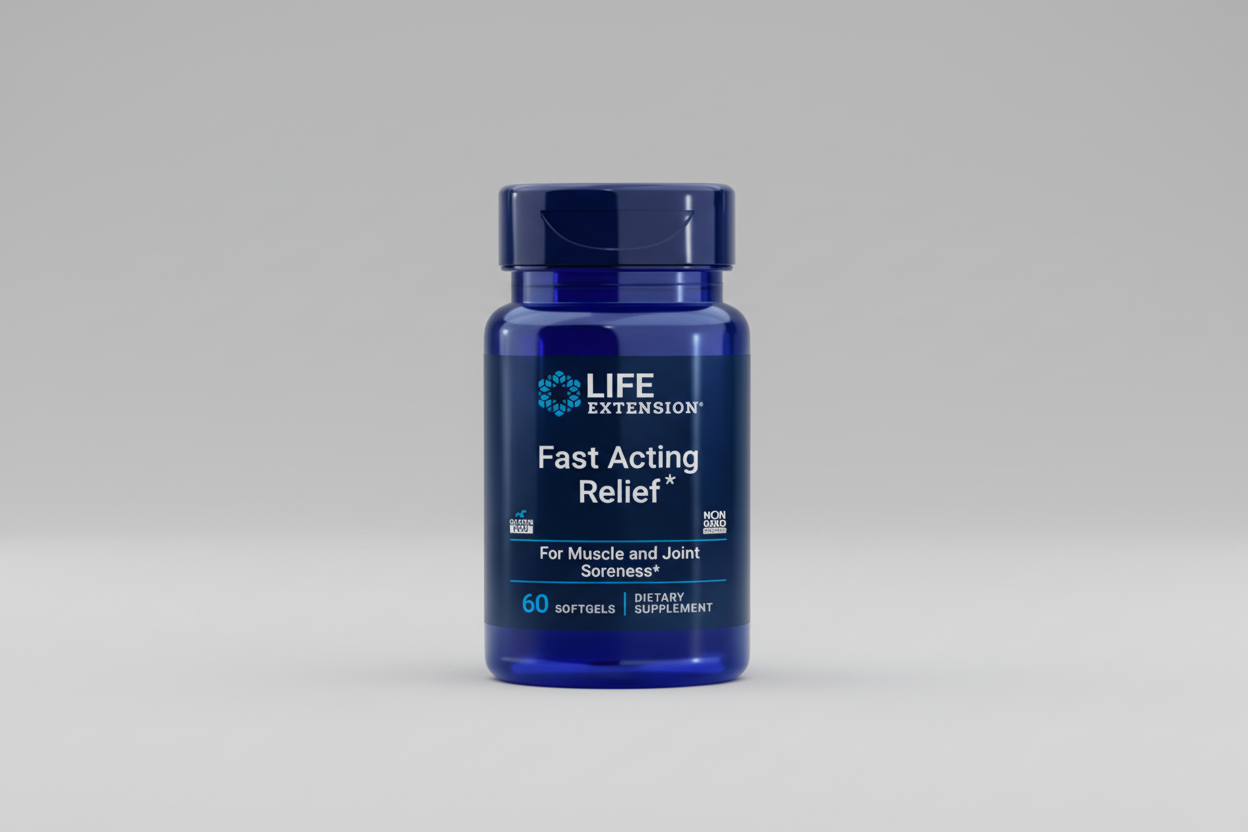 Blue supplement bottle labeled 'Life Extension Fast Acting Relief' on a black background