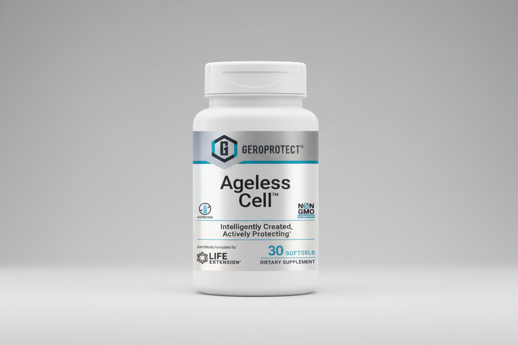 Supplement bottle labeled 'Ageless Cell' by GeroProtect with Life Extension branding.