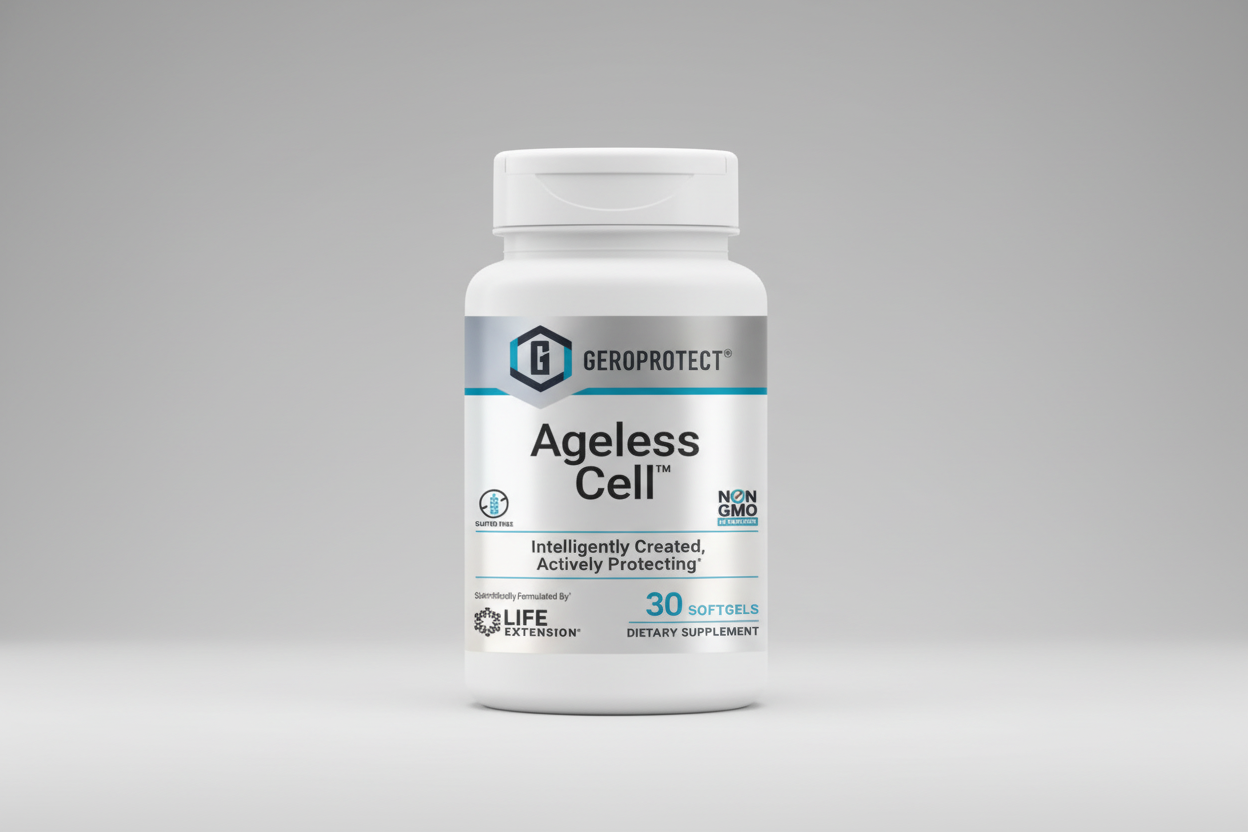Supplement bottle labeled 'Ageless Cell' by GeroProtect with Life Extension branding.