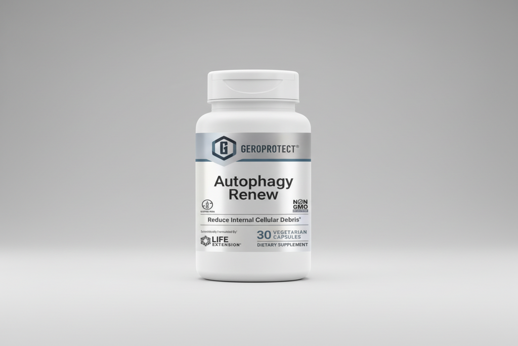 Supplement bottle labeled 'Autophagy Renew' by GeroProtect with Life Extension branding.