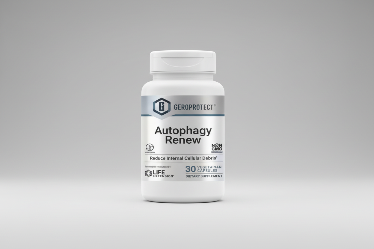 Supplement bottle labeled 'Autophagy Renew' by GeroProtect with Life Extension branding.