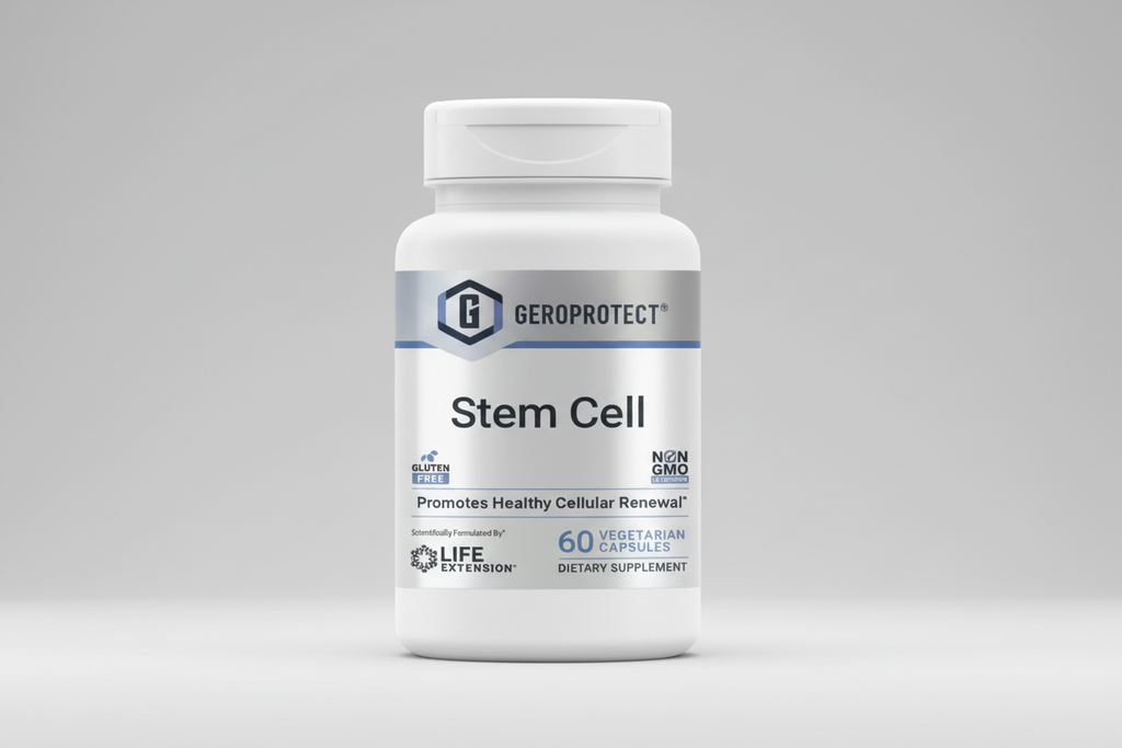 Supplement container labeled 'Geroprotect Stem Cell' with branding and product details on a white background.