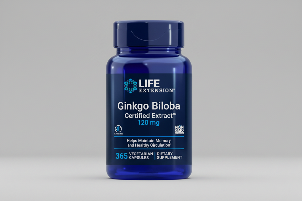 Life Extension Ginkgo Biloba supplement bottle on a white background