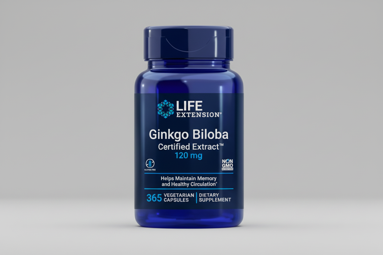 Life Extension Ginkgo Biloba supplement bottle on a white background