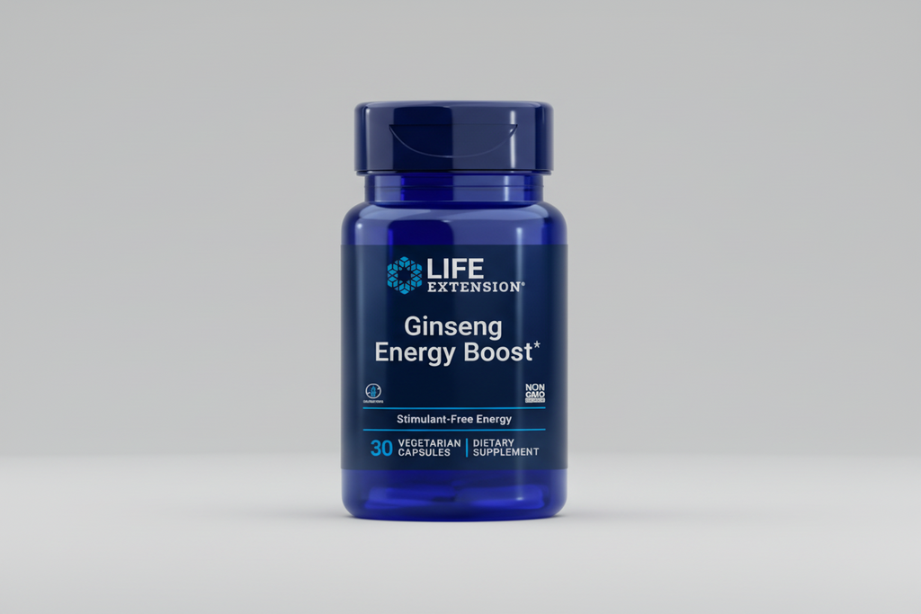 Life Extension Ginseng Energy Boost supplement bottle on a white background