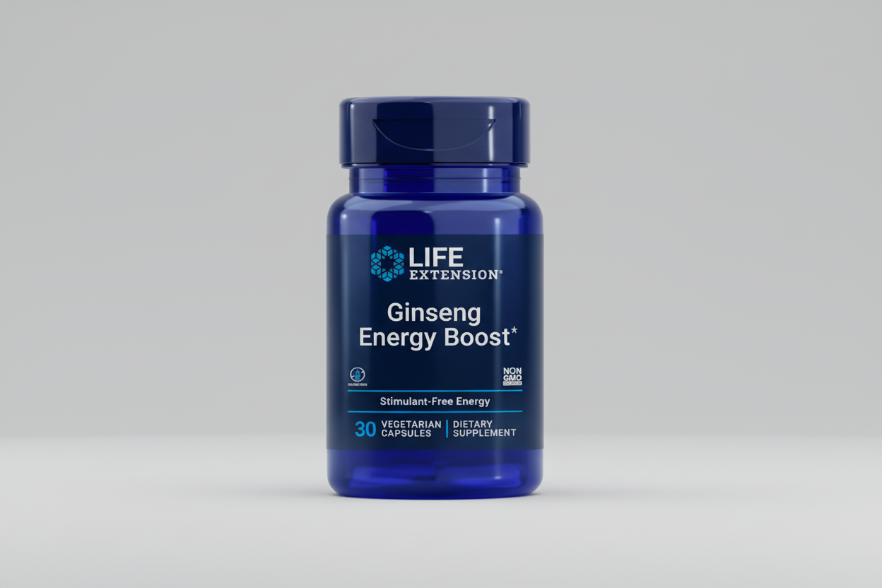 Life Extension Ginseng Energy Boost supplement bottle on a white background