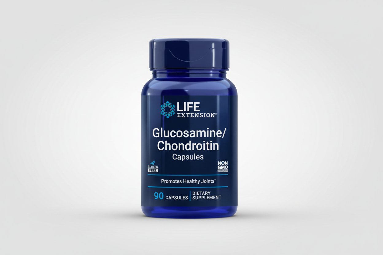 Life Extension Glucosamine/Chondroitin Capsules bottle on a white background