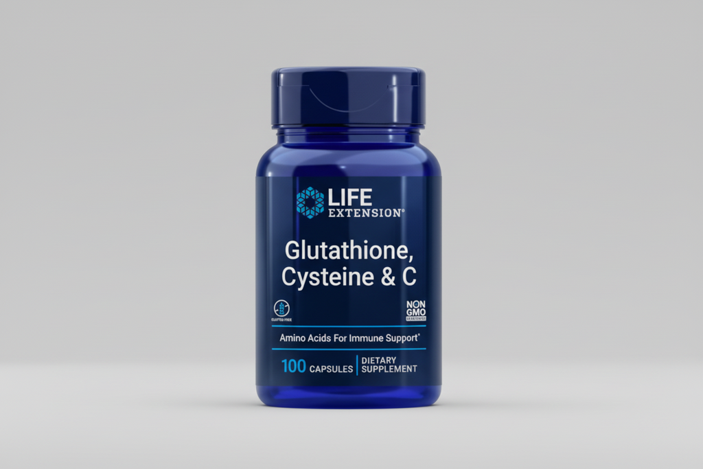 Life Extension Glutathione, Cysteine & C dietary supplement bottle on a white background
