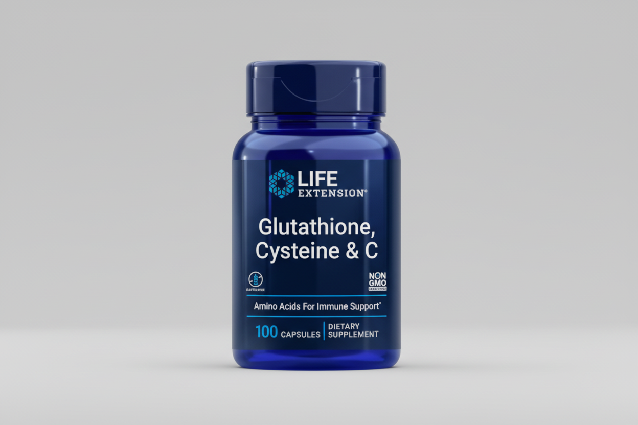 Life Extension Glutathione, Cysteine & C dietary supplement bottle on a white background