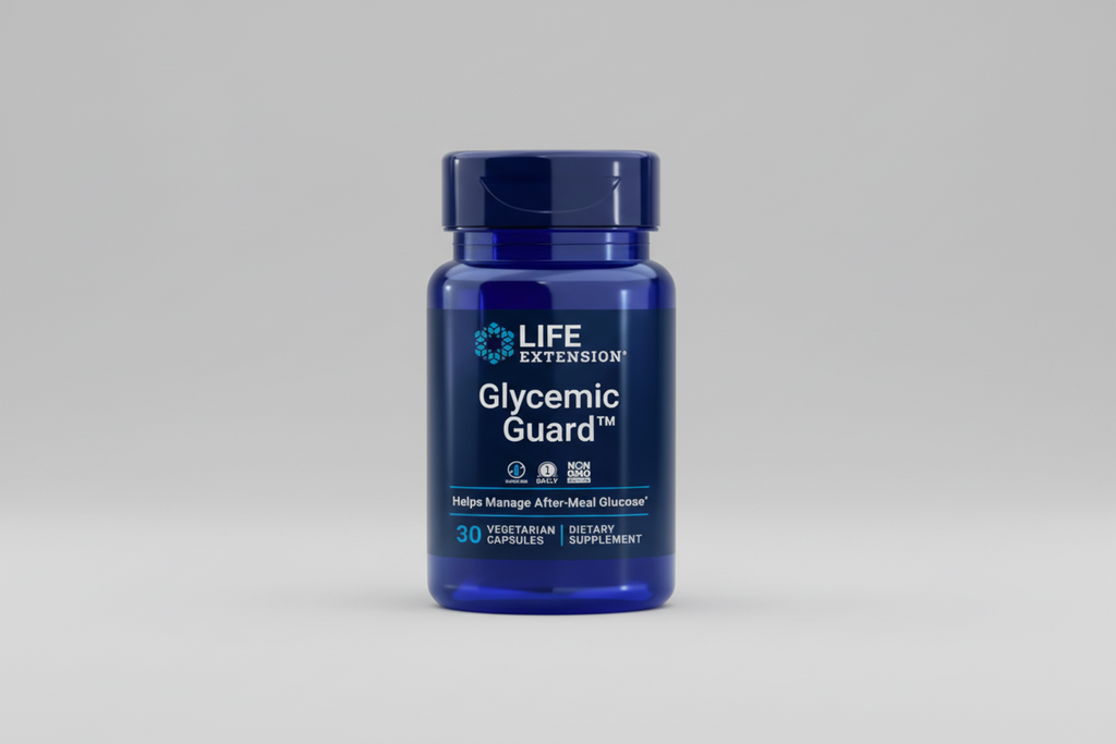 Blue supplement bottle labeled 'Glycemic Guard' by Life Extension on a white background