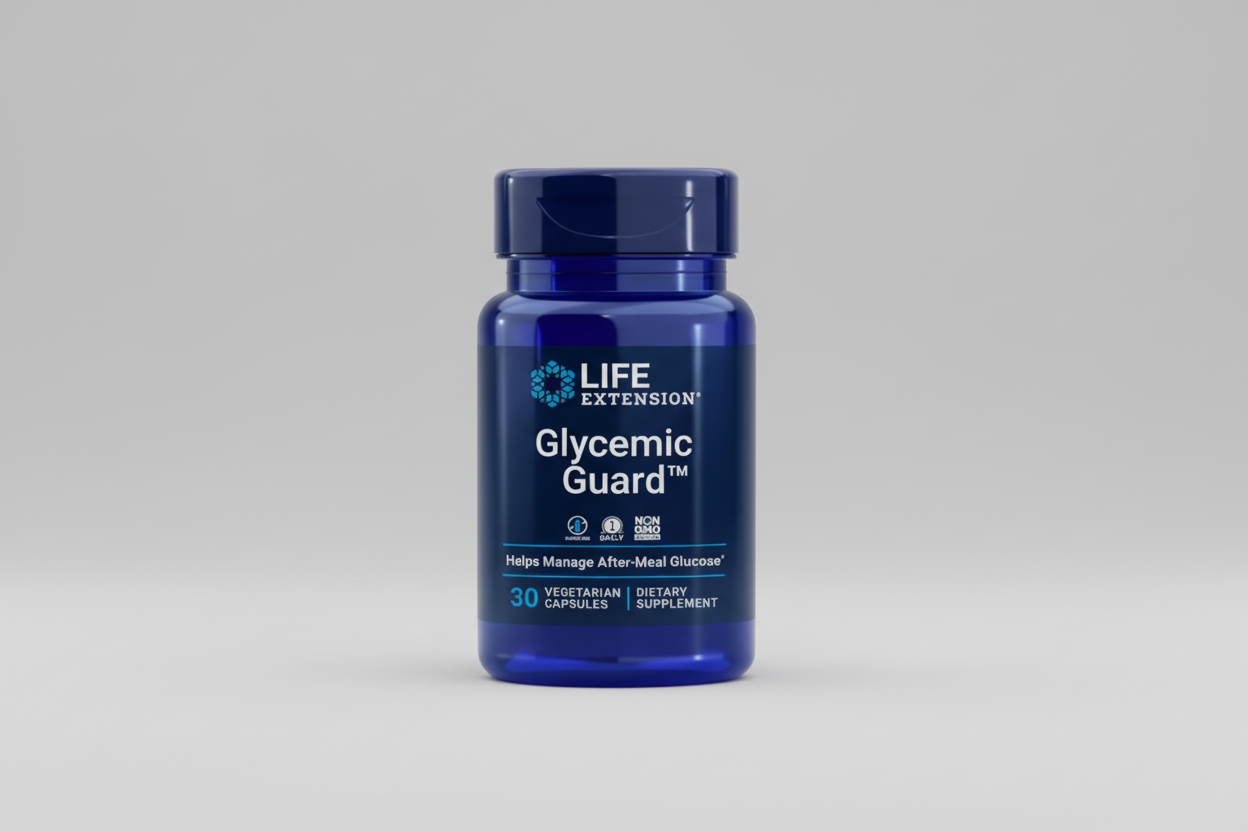 Blue supplement bottle labeled 'Glycemic Guard' by Life Extension on a white background