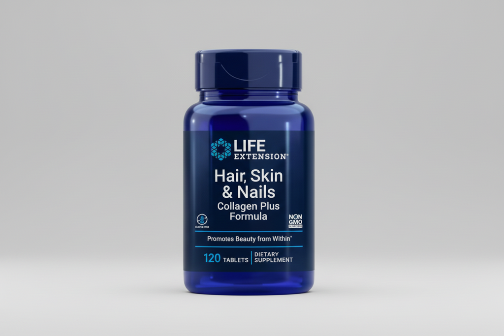 Blue supplement bottle labeled 'Hair, Skin & Nails' by Life Extension on a white background