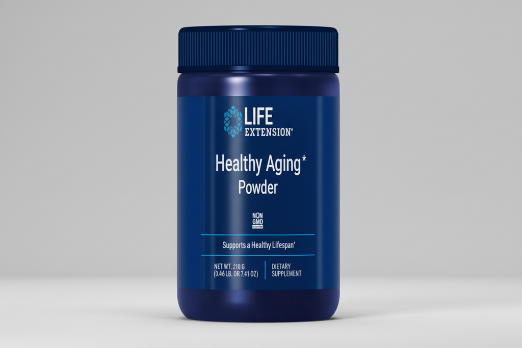 Blue container of Life Extension Healthy Aging Powder on a white background