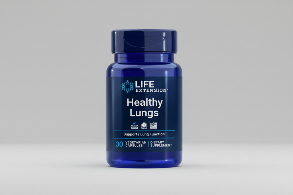 Life Extension Healthy Lungs supplement bottle on a white background