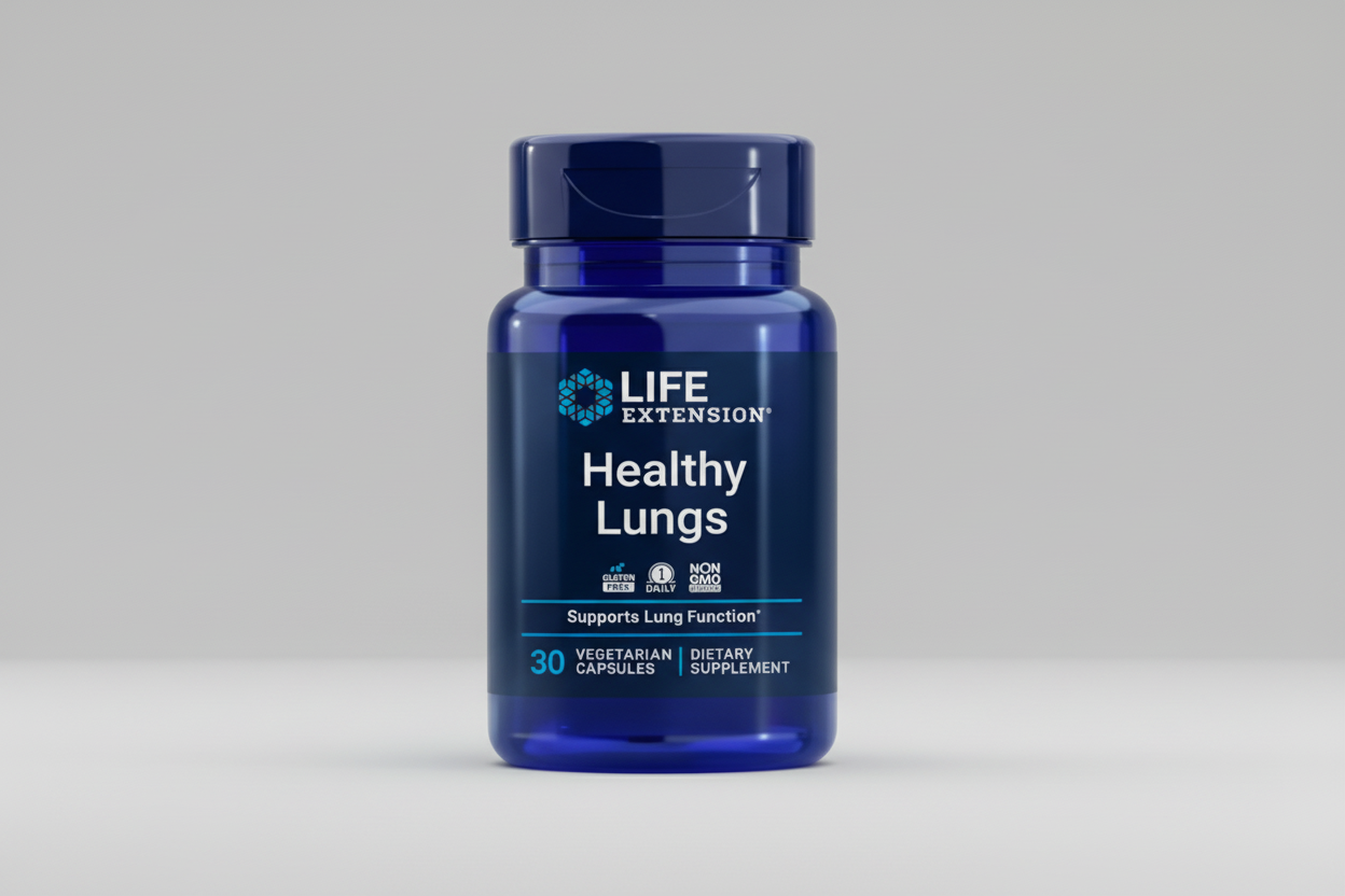 Life Extension Healthy Lungs supplement bottle on a white background