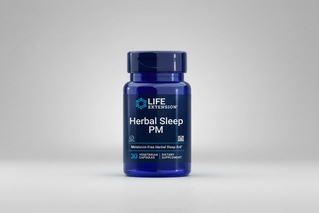 Life Extension Herbal Sleep PM supplement bottle on a white background