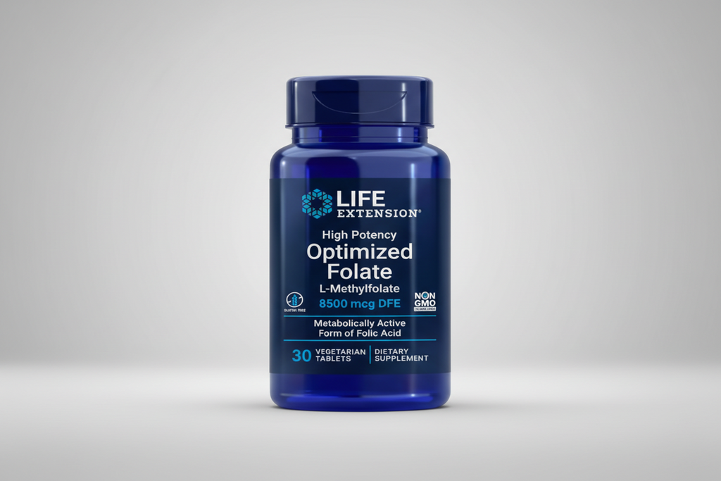 Blue supplement bottle labeled 'Life Extension High Potency Optimized Folate' on a white background
