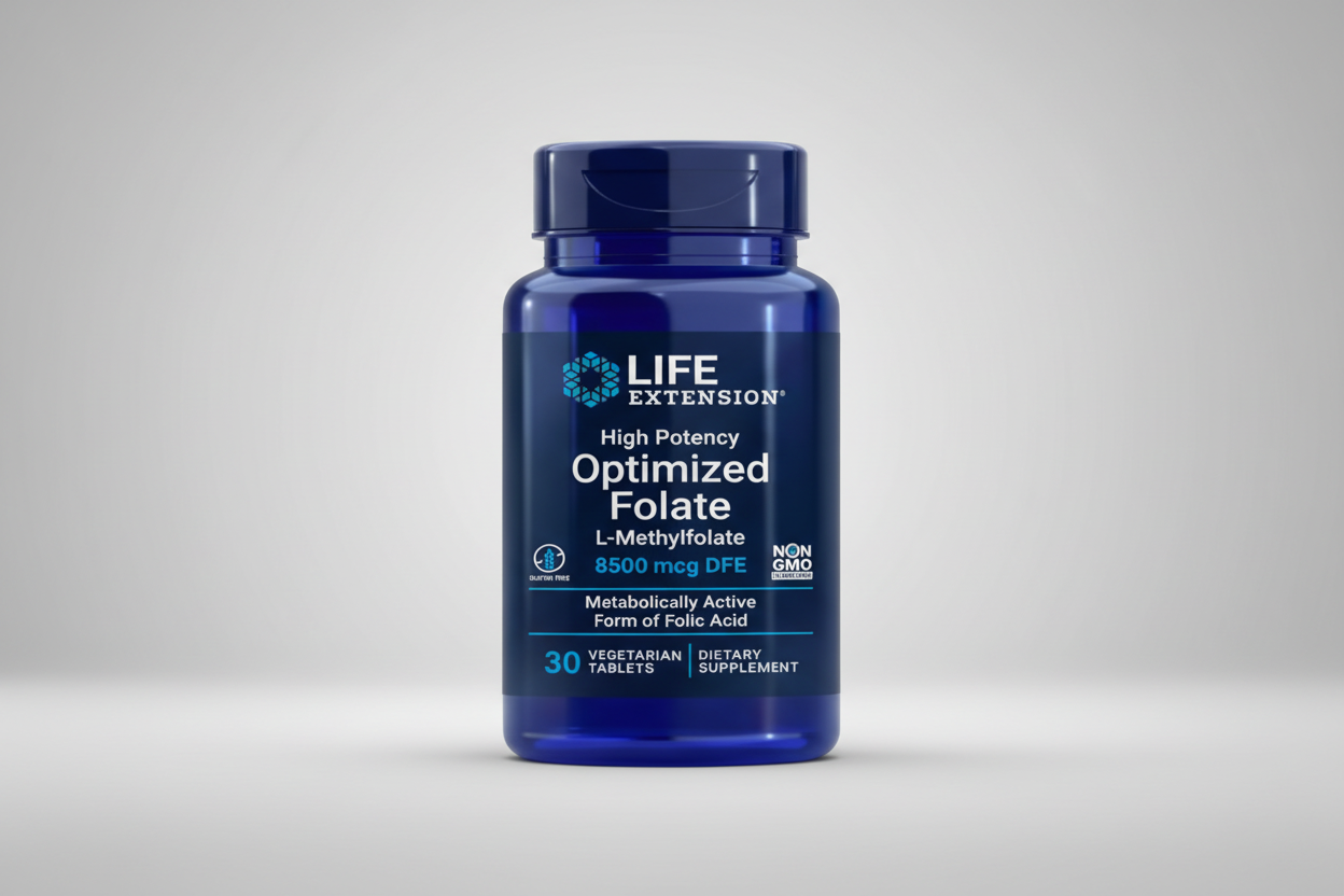 Blue supplement bottle labeled 'Life Extension High Potency Optimized Folate' on a white background