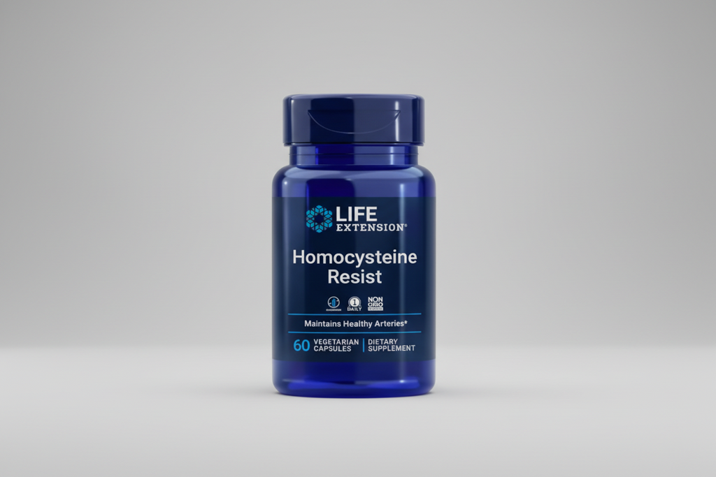 Supplement bottle labeled 'Homocysteine Resist' by Life Extension on a blue background