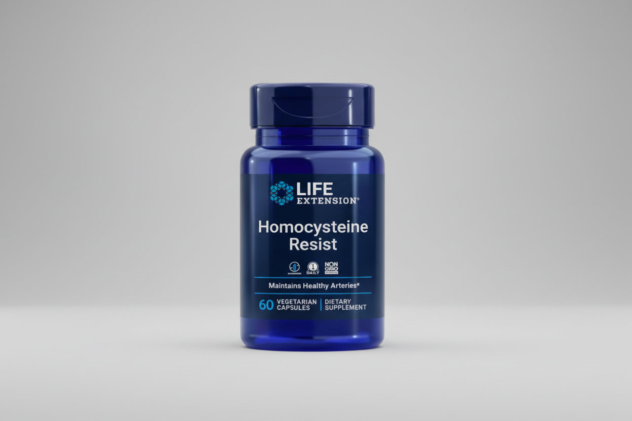 Supplement bottle labeled 'Homocysteine Resist' by Life Extension on a blue background