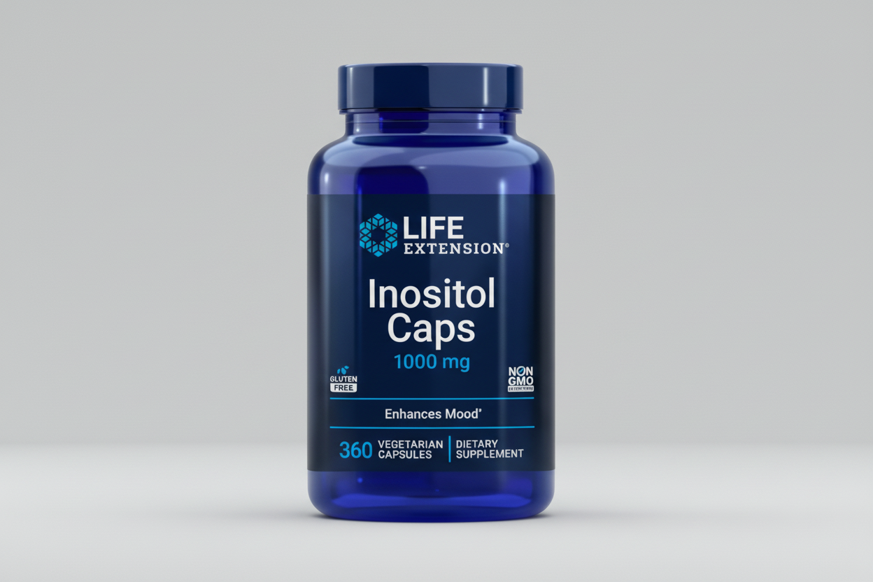 Life Extension Inositol Capsules bottle on a black background