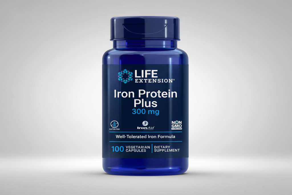 Life Extension Iron Protein Plus supplement bottle on a white background