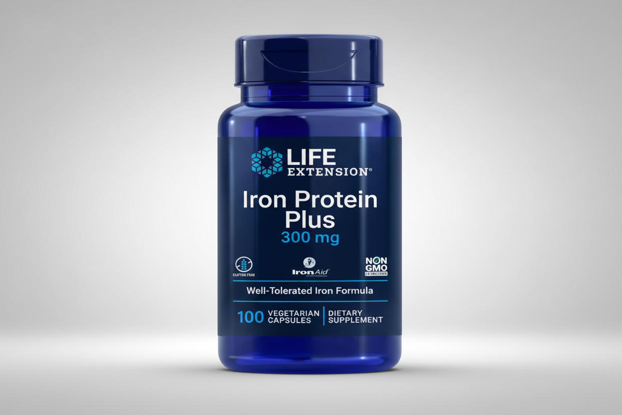 Life Extension Iron Protein Plus supplement bottle on a white background