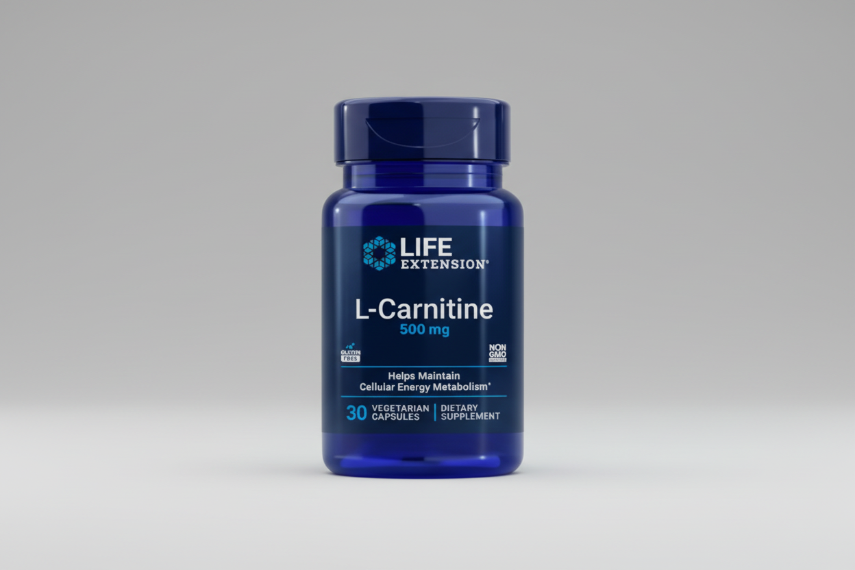 Life Extension L-Carnitine supplement bottle on a white background