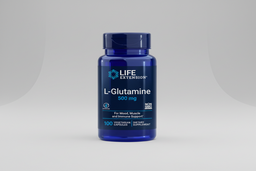 Life Extension L-Glutamine supplement bottle on a white background