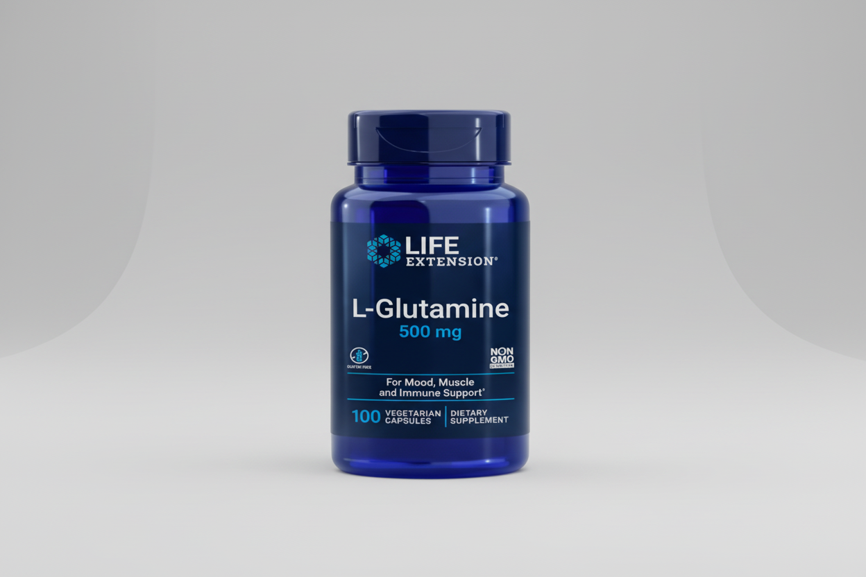Life Extension L-Glutamine supplement bottle on a white background