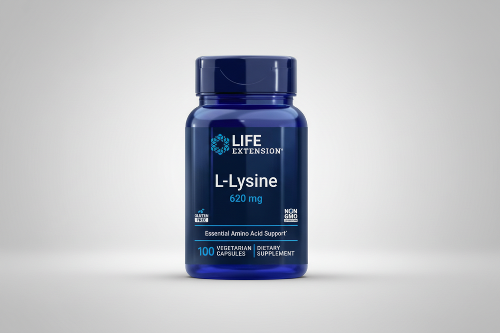Life Extension L-Lysine supplement bottle on a white background