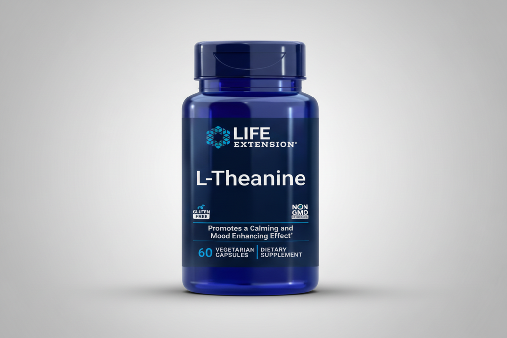 Life Extension L-Theanine supplement bottle on a white background