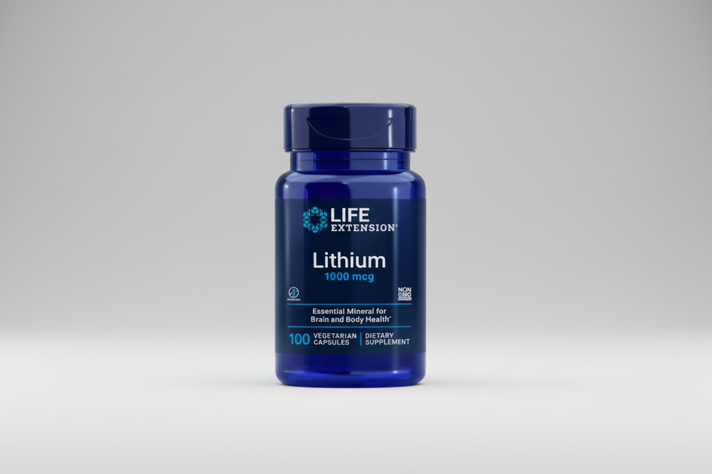 Life Extension lithium supplement bottle on a white background