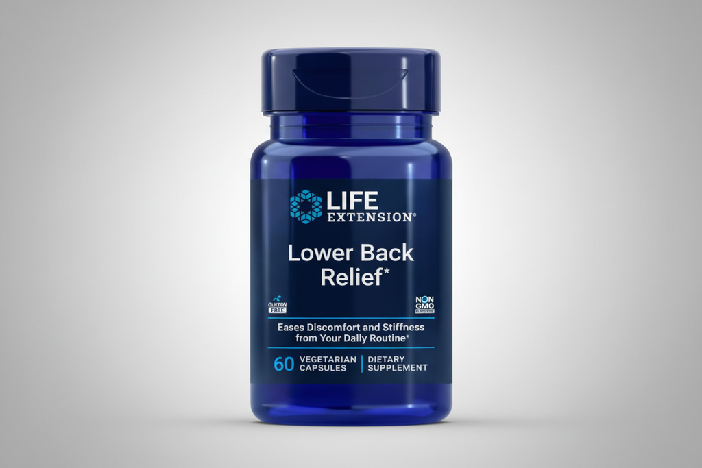 Blue bottle of Life Extension Lower Back Relief supplement on a white background
