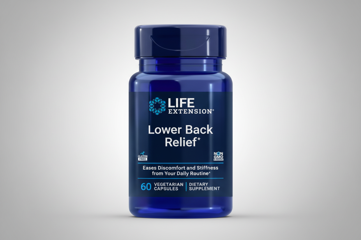 Blue bottle of Life Extension Lower Back Relief supplement on a white background
