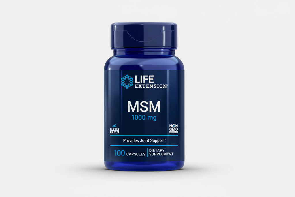 Blue bottle of Life Extension MSM 1000 mg dietary supplement