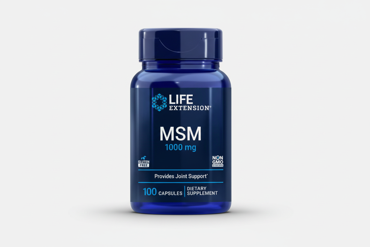Blue bottle of Life Extension MSM 1000 mg dietary supplement