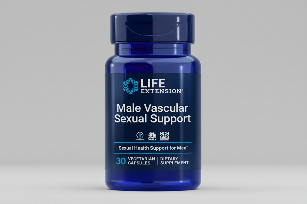 Life Extension Male Vascular Sexual Support supplement bottle on a white background